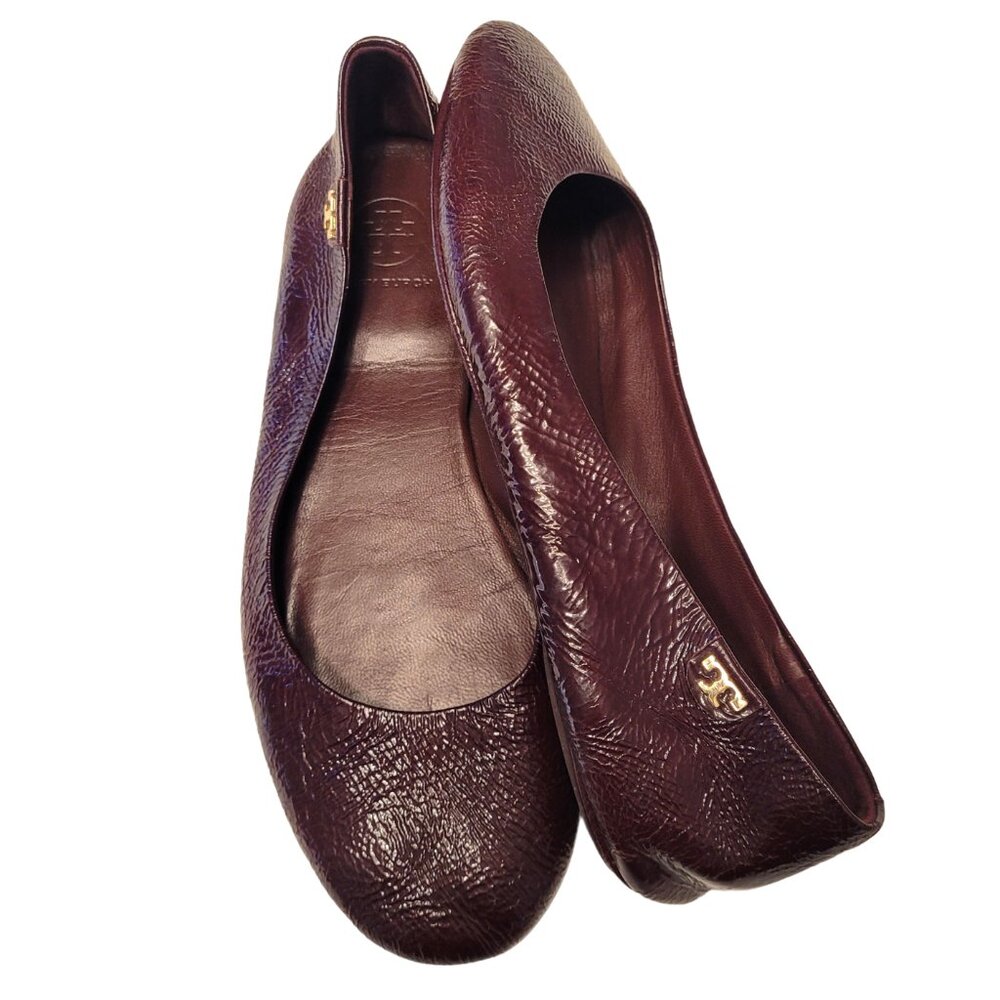Tory Burch Crinkle Leather T Travel Ballet Flats in Oxblood